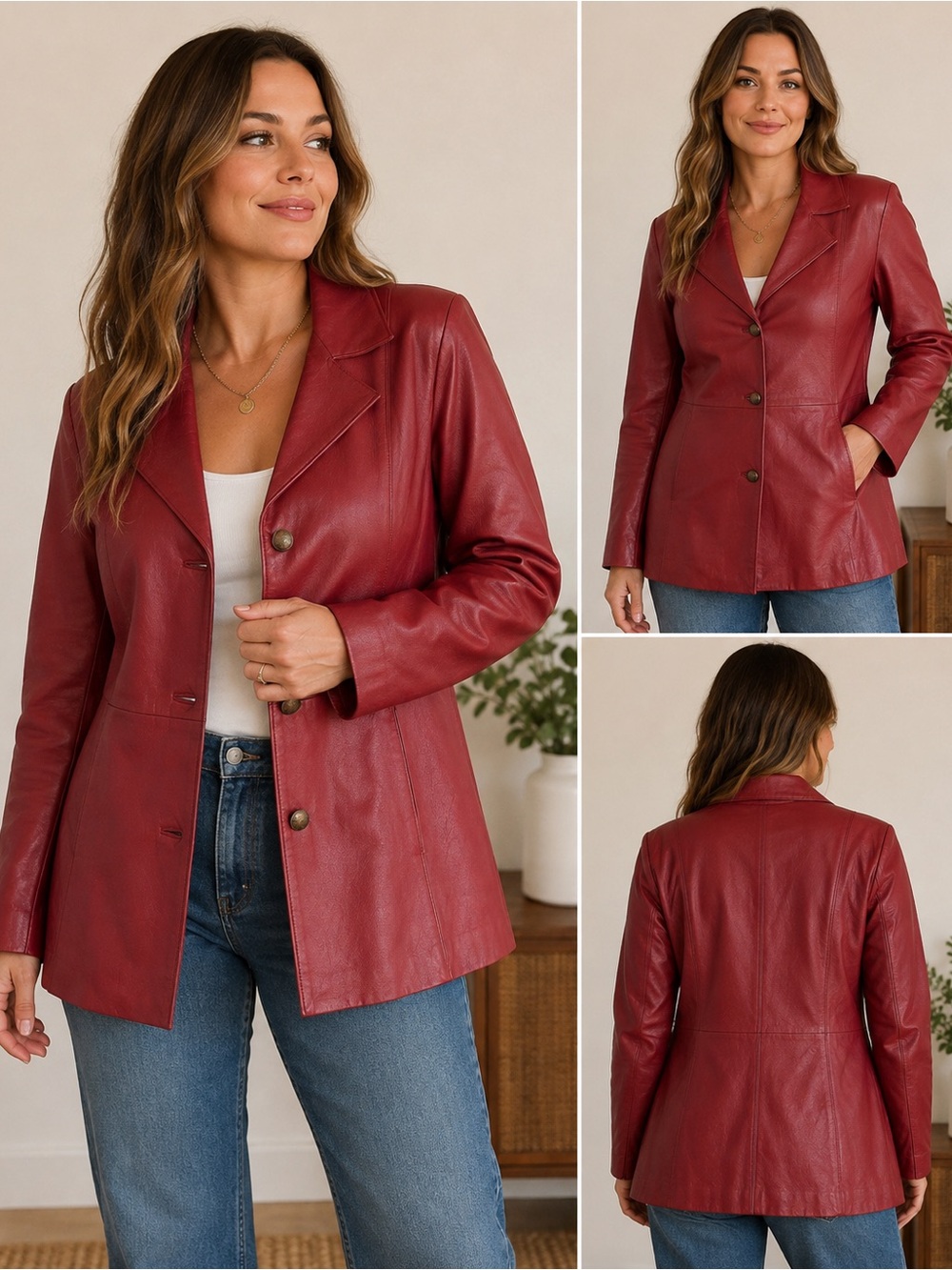 Dialogue Vintage 90s Y2K Women's Genuine Leather Red Burgundy Blazer Jacket L